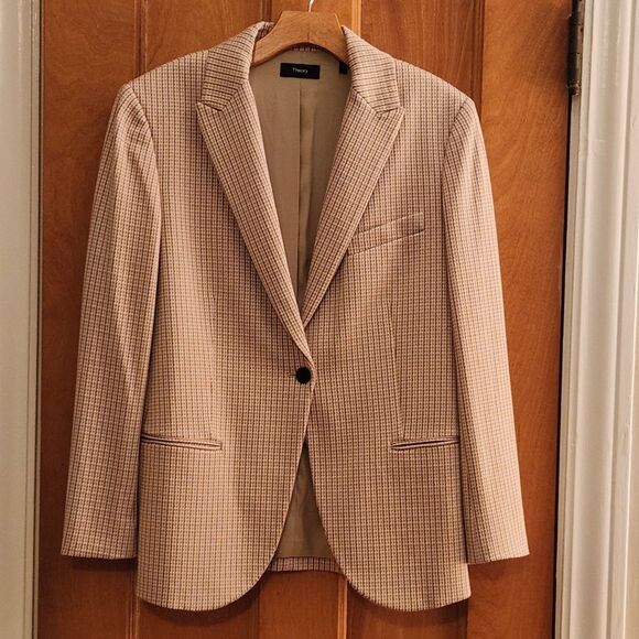 Theory Blush Pink & Cream Staple Blazer Jacket, Houndstooth, Stratton Knit, Sz 8 - Picture 4 of 13